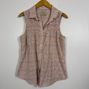 Cottagecore Floral Cotton Sleeveless Button Up Blouse Smocked Prairie Top L